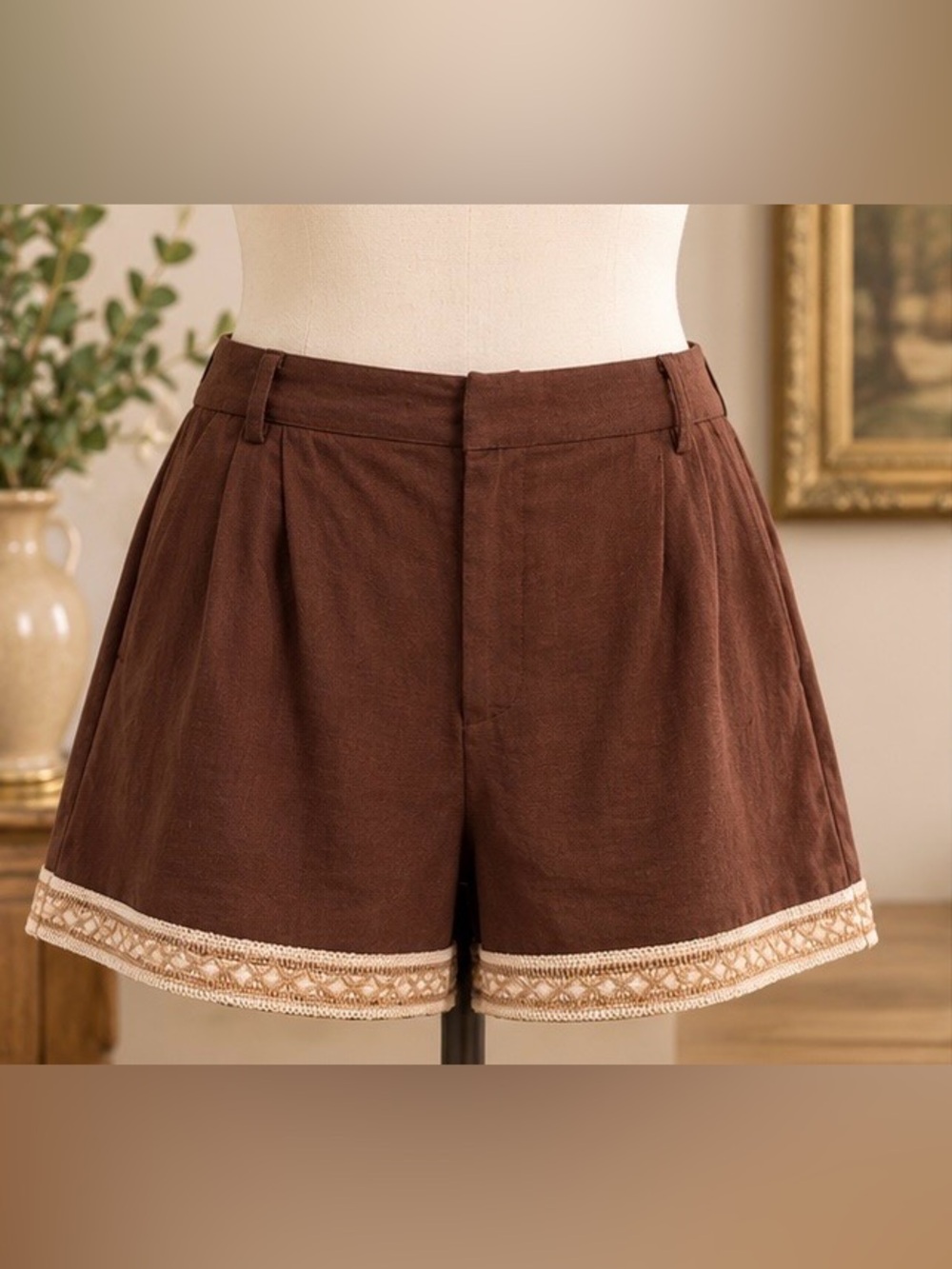 Parker Brown Linen Blend Embroidered Trim Shorts | Large